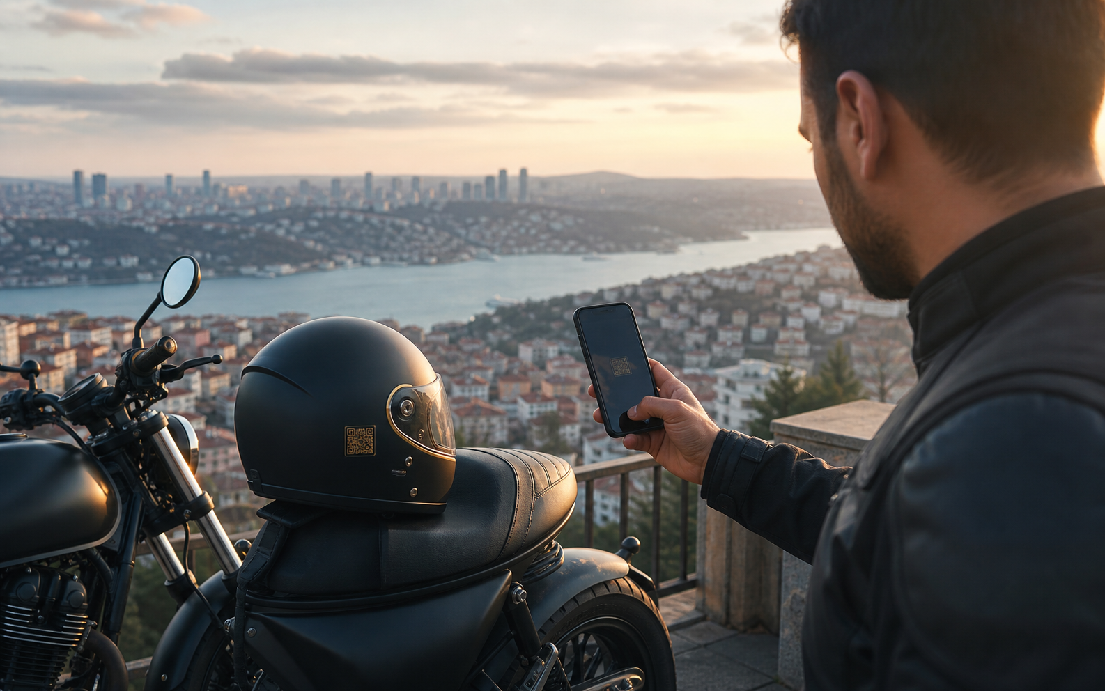 Motosiklet kaskındaki Pulskart QR etiketiyle güvenli iletişim